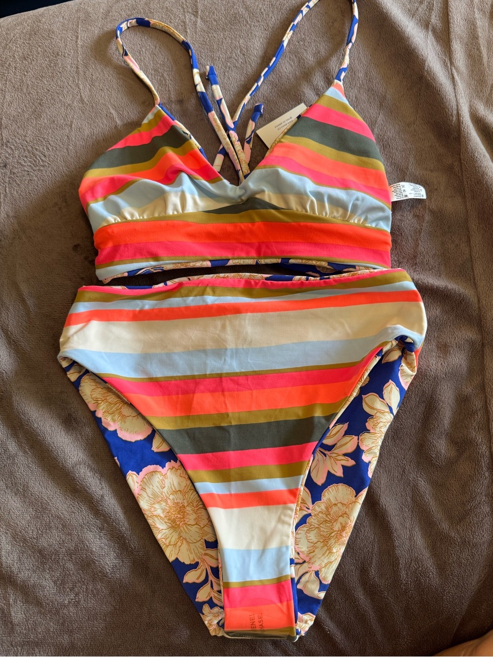 Maaji Multicolor Striped &Reversible Floral Bikini - Pink, Orange, Blue, Green